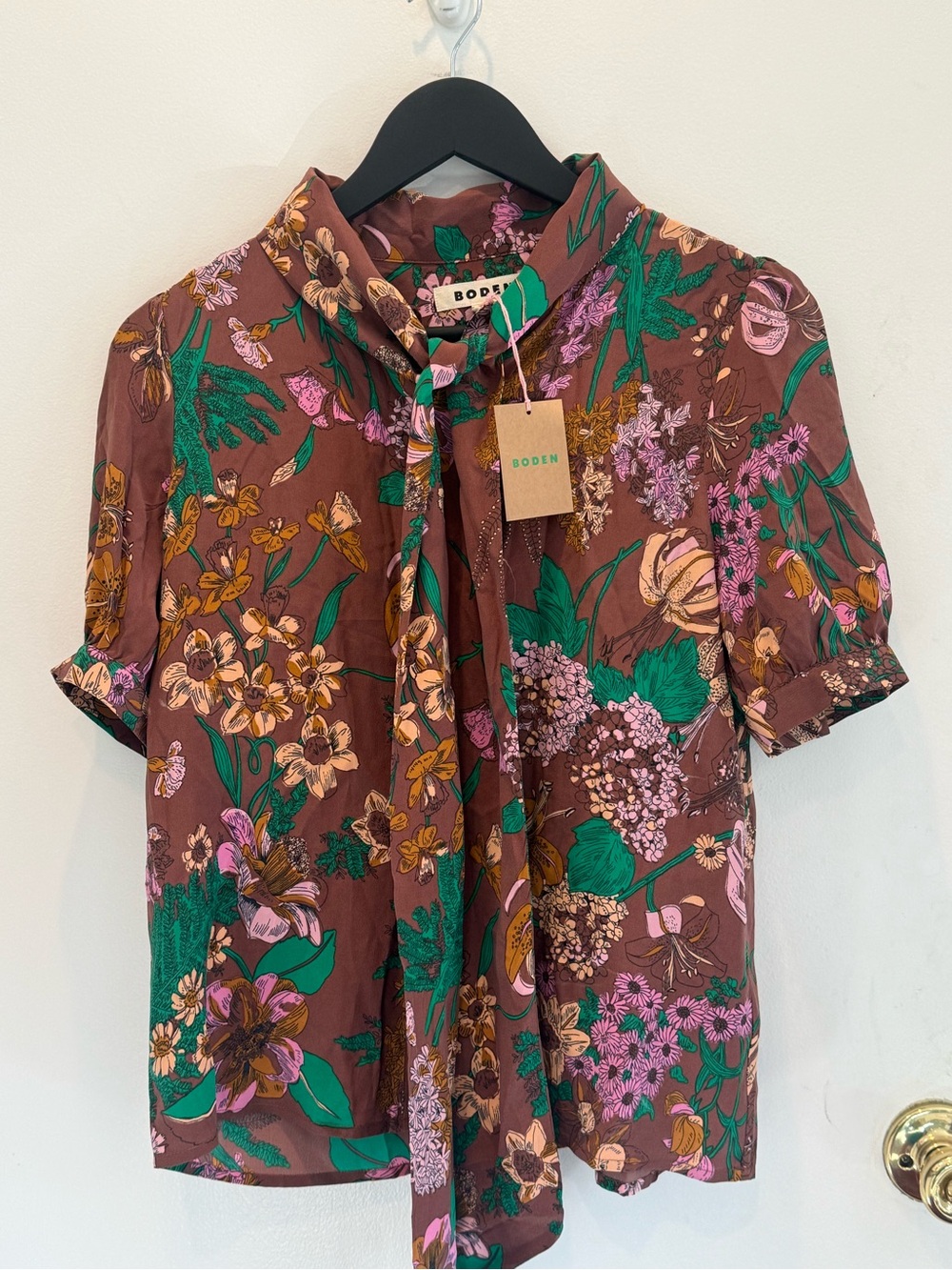 Boden Brown Floral Tie-Neck Blouse with Green and Pink Accents